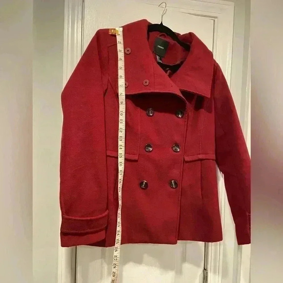 Forever 21 Dark Red Button Down Faux Wool High Snap Neck Pea Coat Size Small - Picture 8 of 12